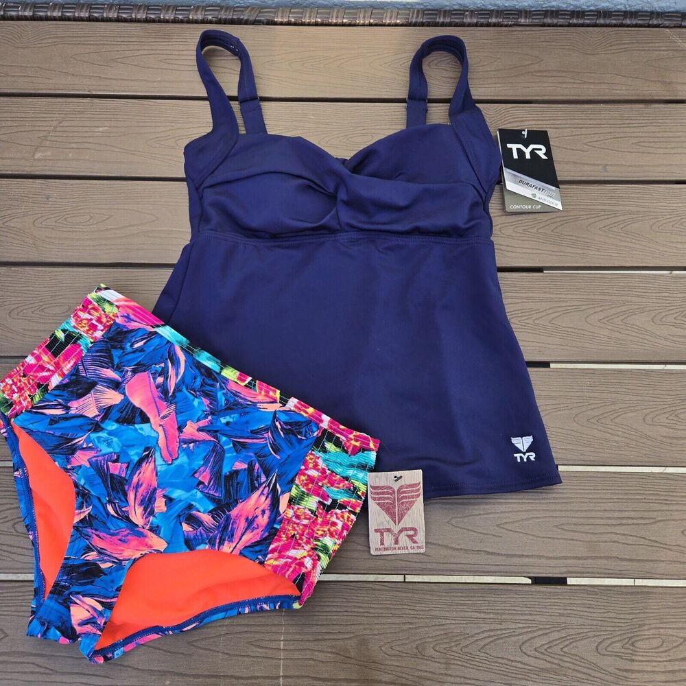 TYR Womens Navy Twisted Tank W/Floral Bottom Bikini Set  Floral/blue Sz S  NEW